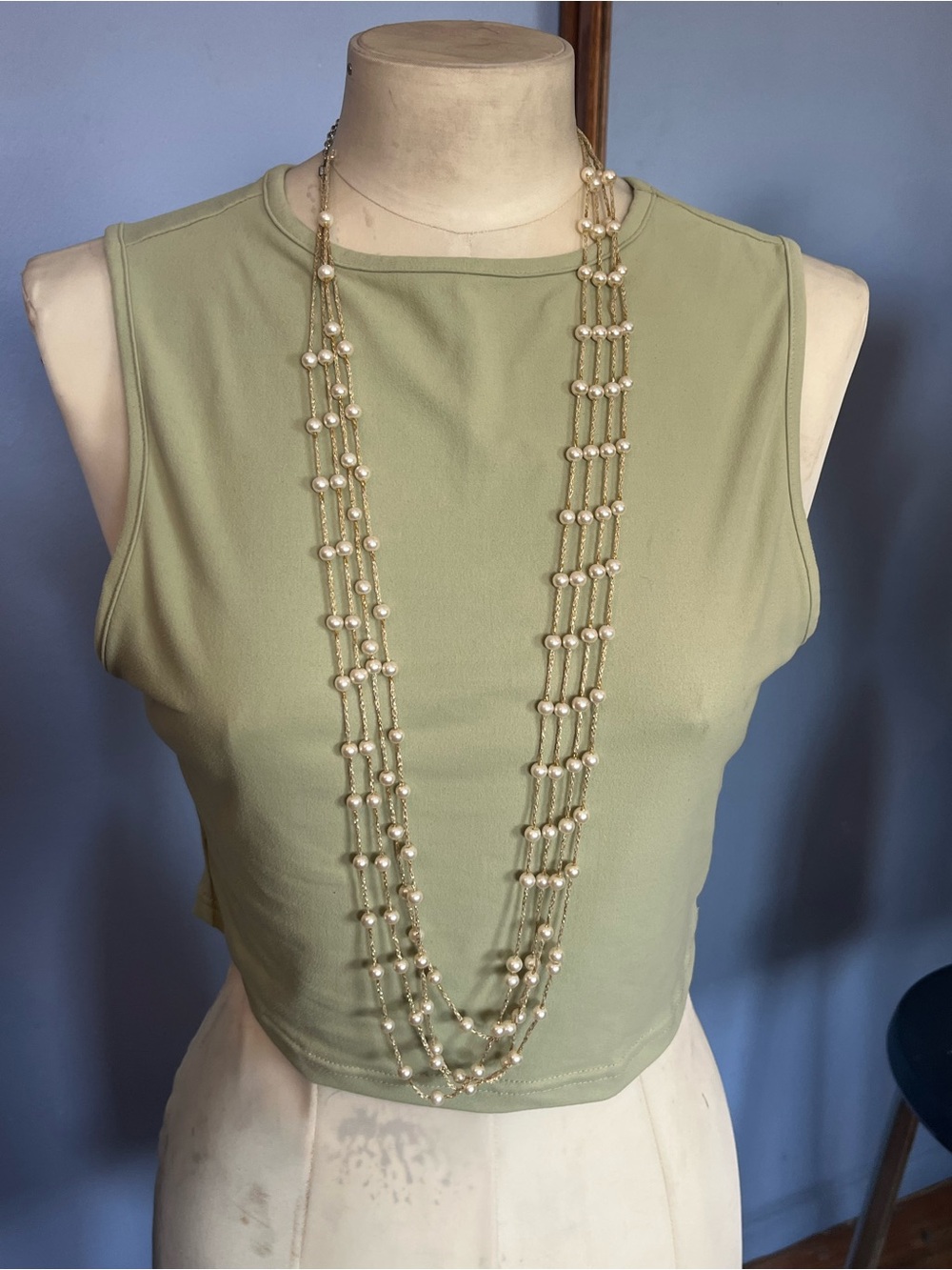 Long Triple Strand Faux Pearl Necklace On Gold Thread